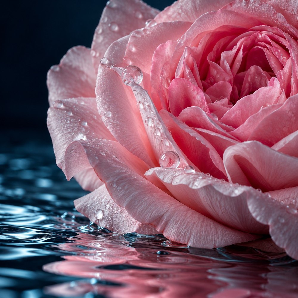 Dettaglio editoriale di rose e acqua, ingredienti della formula Cristal